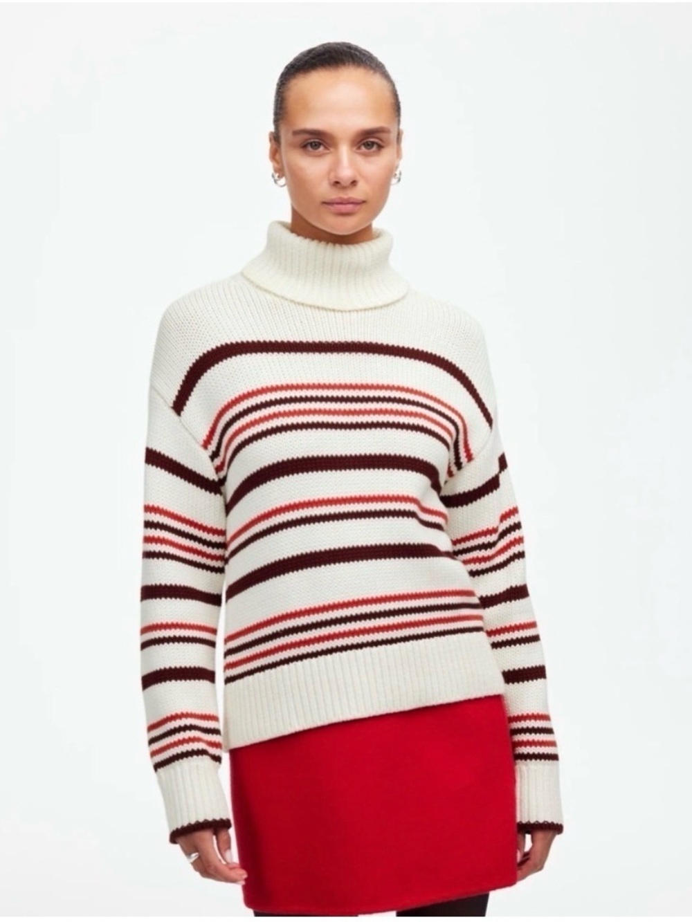 MADEWELL Ribbed Chunky Knit Turtleneck Sweater in Cabernet Striped Size XL